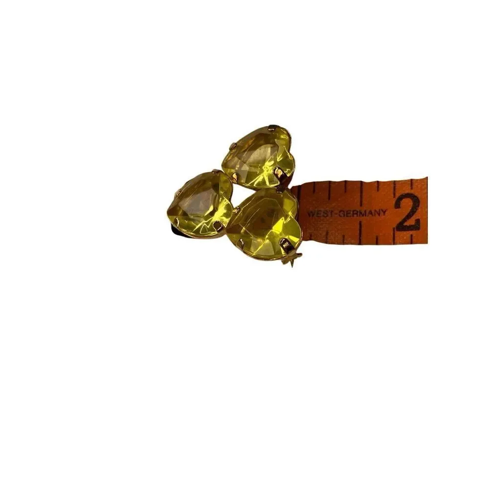 Vintage Gold Tone Triple Heart Brooch Yellow Glass Faceted Stones Pin Jewelry